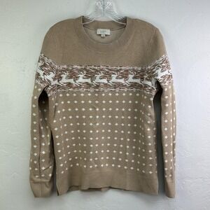 LOFT Outlet Sweater Womens Large Tan Fair Isle Reindeer Pullover Knit Crewneck